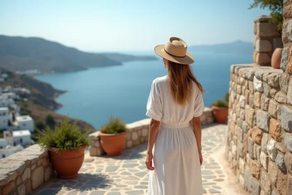 Femme en robe en lin regardant Tinos depuis la mer
