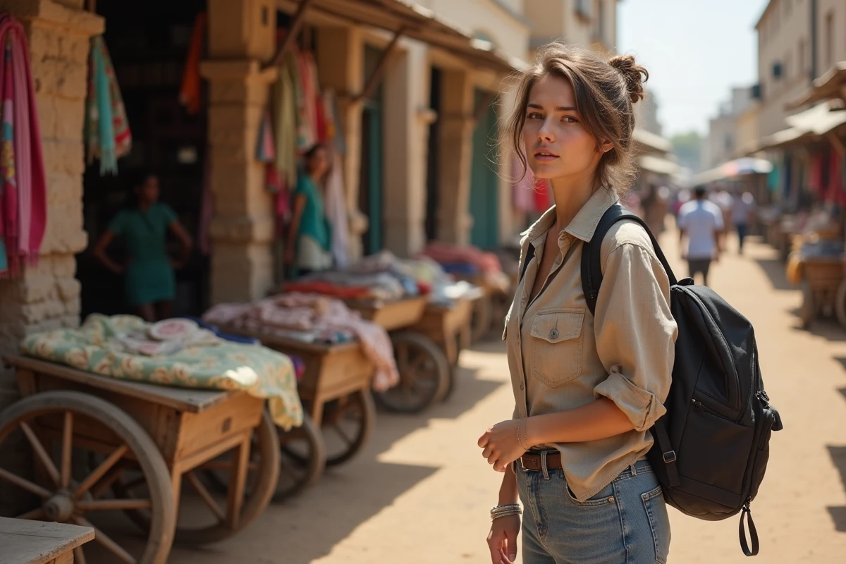 Jeune femme à Zanzibar dans un marché local avec murs en pierre