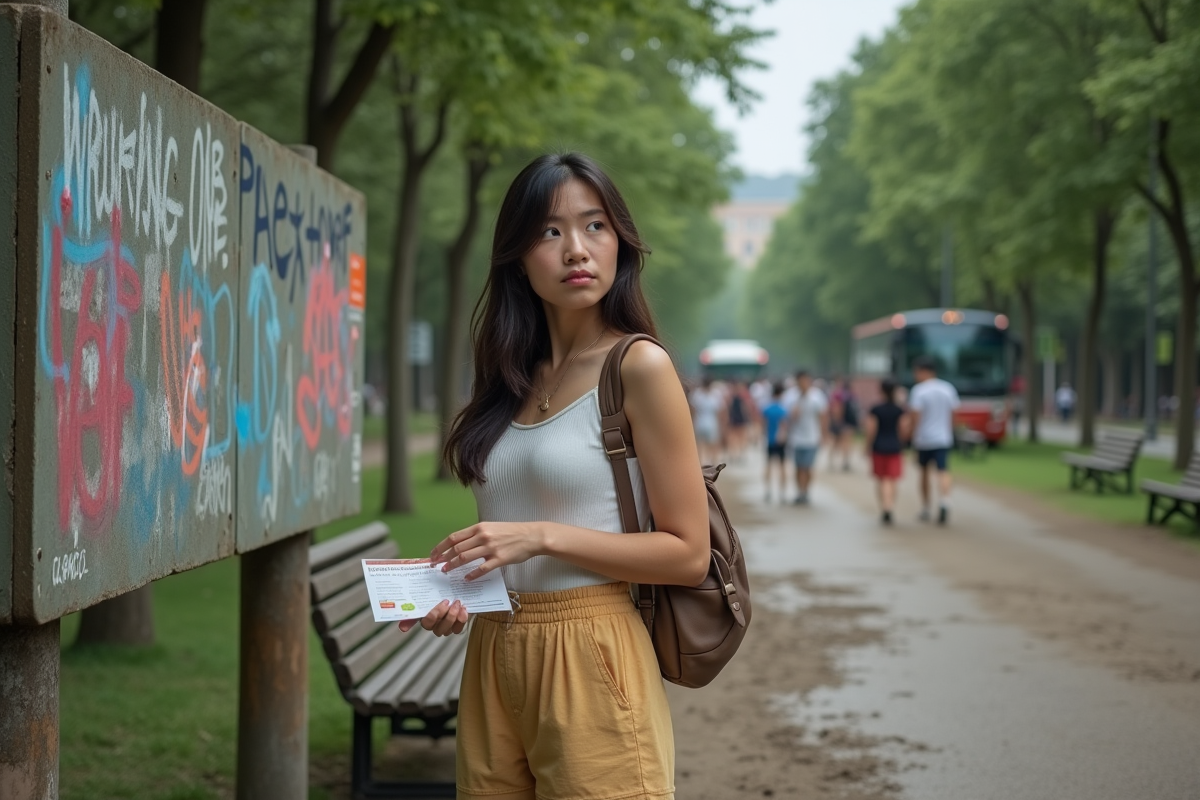 Jeune femme observant un panneau vandalisé dans un parc