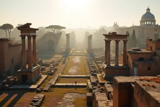 Vue panoramique du Forum romain avec ses colonnes antiques et le Colisée en arrière-plan, symbole de la Rome antique