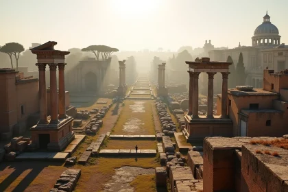 Vue panoramique du Forum romain avec ses colonnes antiques et le Colisée en arrière-plan, symbole de la Rome antique