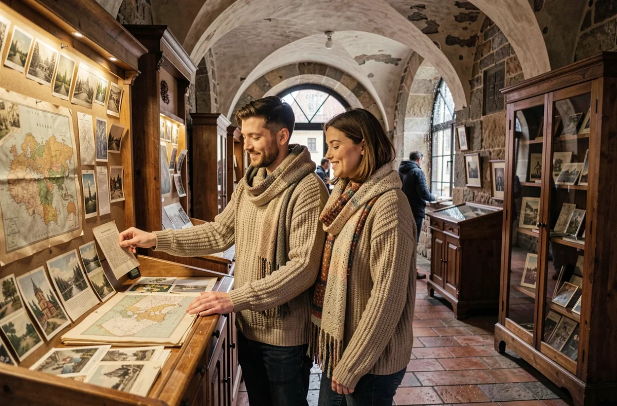 Couple explorant une galerie couverte historique de Prague par temps de pluie