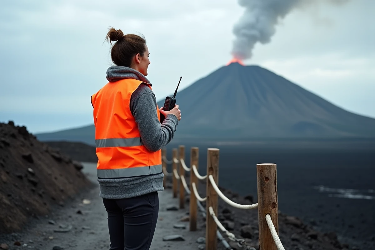 Gardienne du parc de l'Etna en gilet orange surveillant l'activité du cratère volcanique depuis un sentier sécurisé avec barrières de sécurité