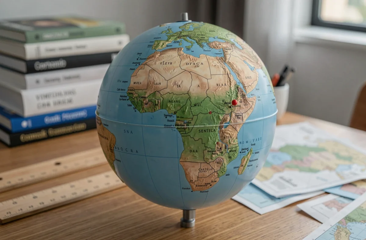 Globe terrestre avec marqueur rouge indiquant la position géographique du Sénégal sur la carte de l'Afrique de l'Ouest