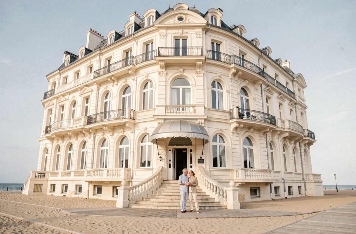 Façade Belle Époque emblématique du Grand Hôtel Cabourg face à la plage de sable normande