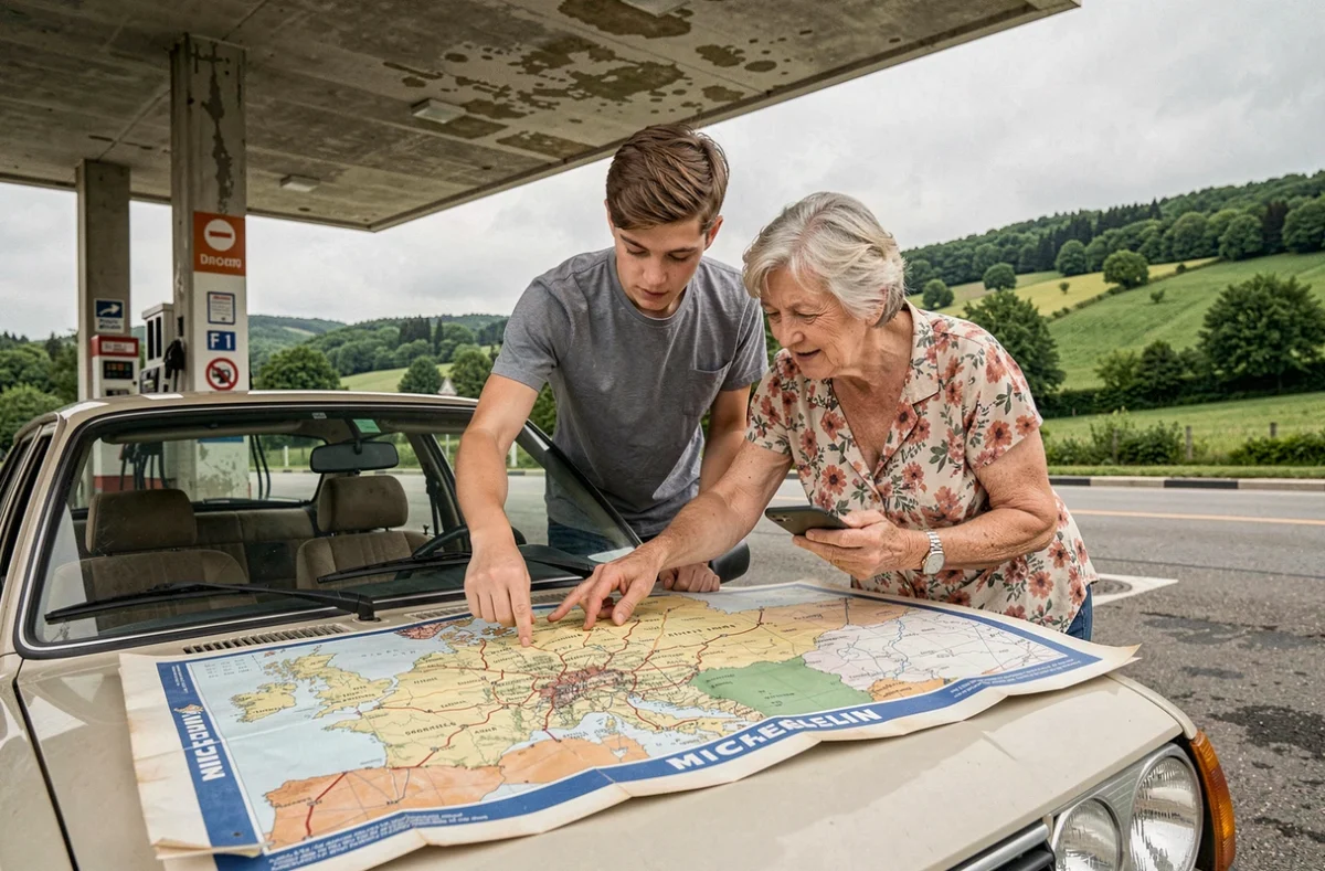 Une grand-mère et son petit-fils comparent une carte routière Michelin papier et un smartphone devant une voiture garée à une station-service de campagne en France