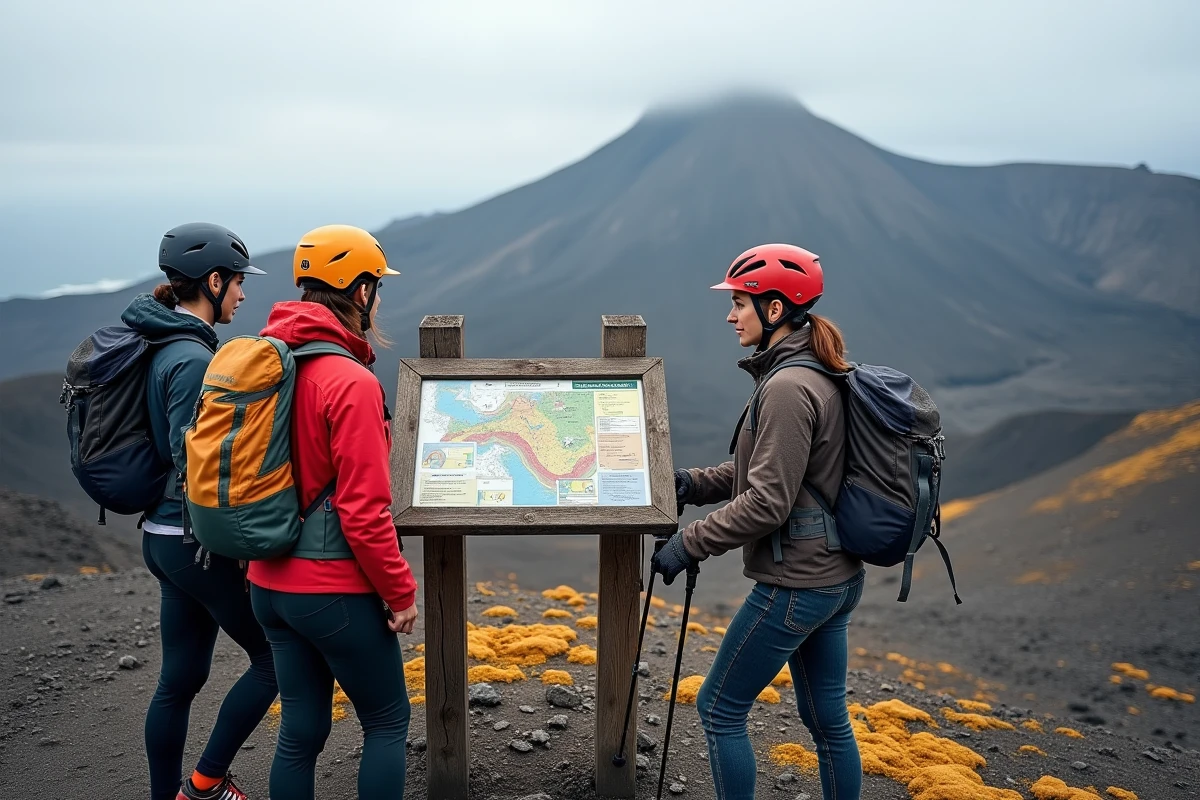 Groupe de randonneurs consultant un panneau d'information au départ d'un sentier de l'Etna avec le cratère volcanique visible en fond