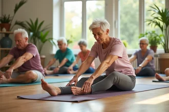 Groupe de seniors faisant du yoga dans un centre lumineux