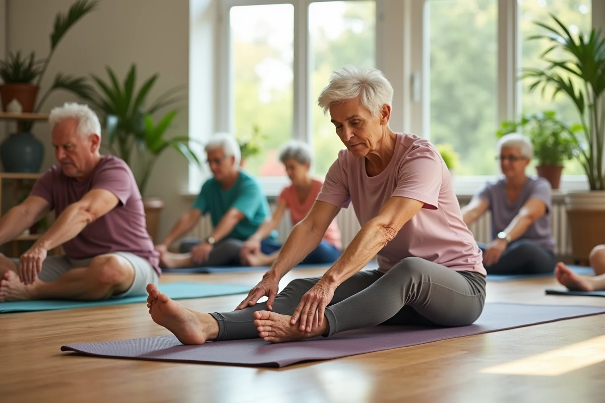 Groupe de seniors faisant du yoga dans un centre lumineux