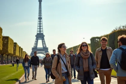 Groupe de touristes devant la tour Eiffel en été
