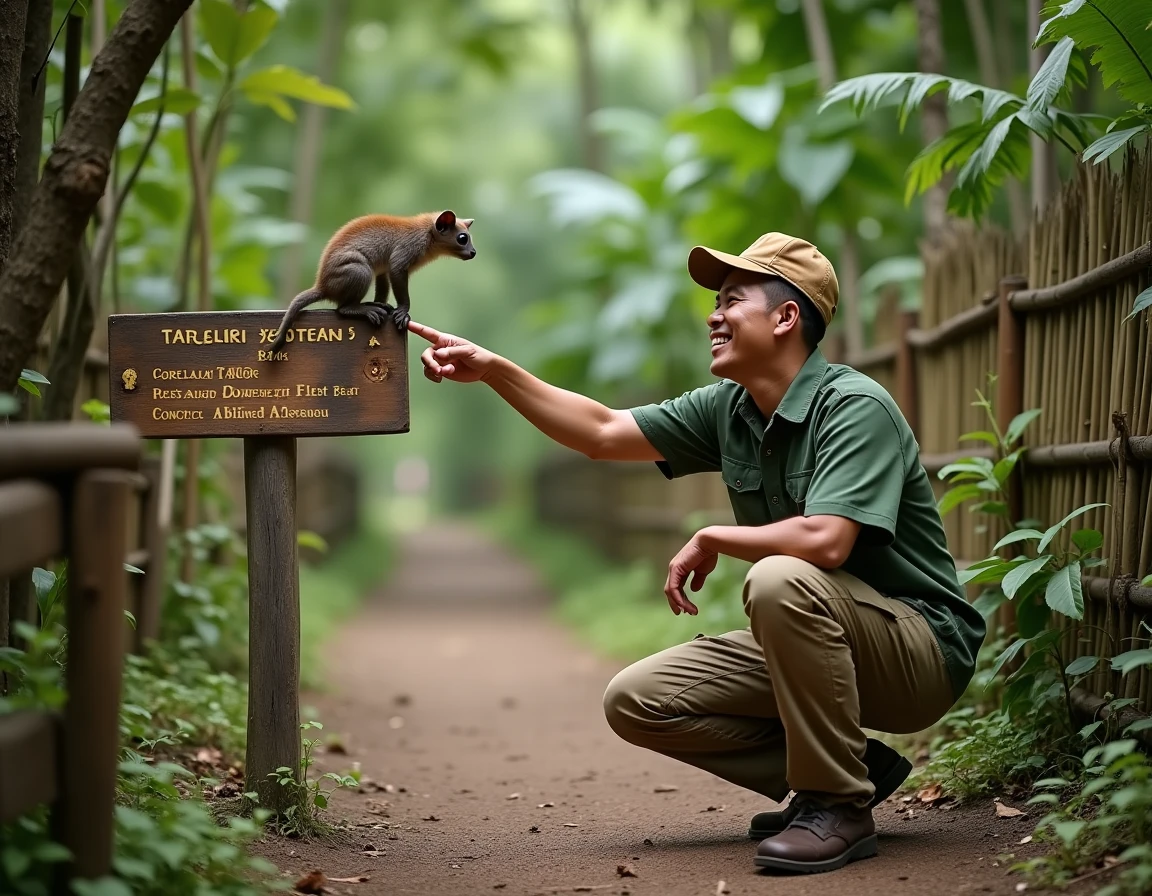 Guide local dans un sanctuaire de tarsiers aux Philippines, montrant un tarsier perché sur une branche à Bohol