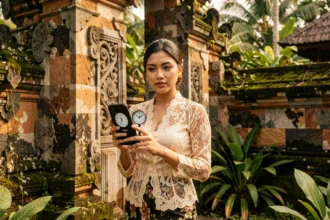 Femme balinaise en kebaya tenant un smartphone affichant le décalage horaire entre Bali et Paris devant un temple d'Ubud