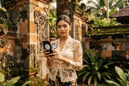 Femme balinaise en kebaya tenant un smartphone affichant le décalage horaire entre Bali et Paris devant un temple d'Ubud