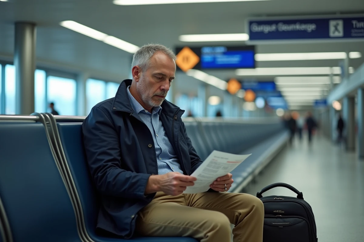 Homme assis vérifiant son billet à Gatwick