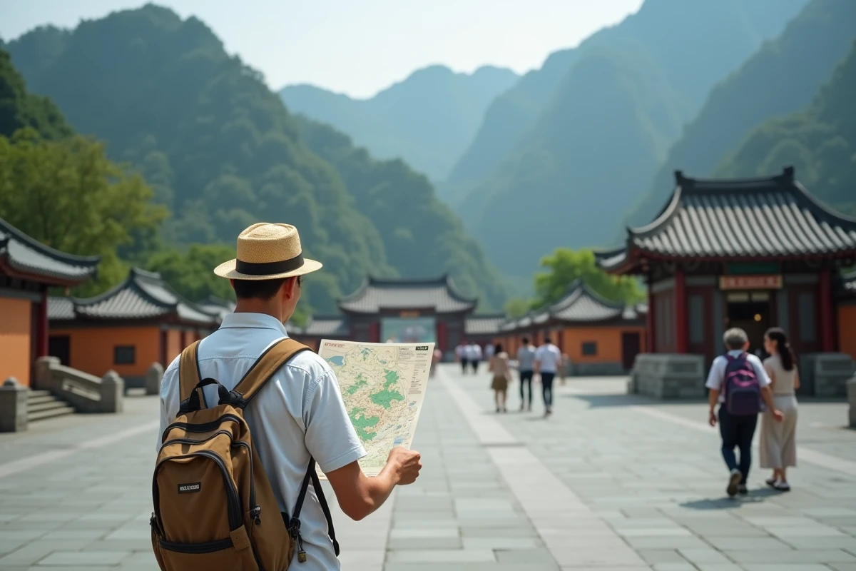 Homme asiatique consulte une carte au Tianmen Park