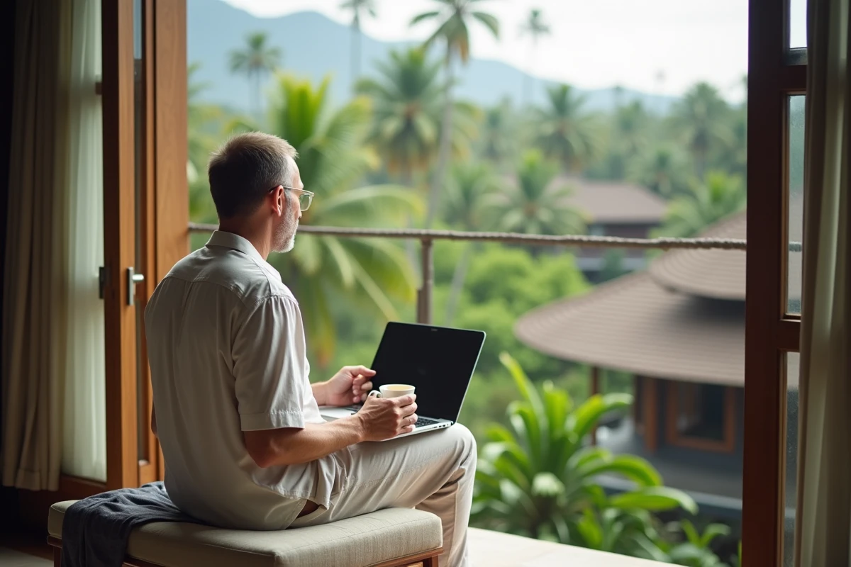 Homme regardant la vue depuis un balcon tropical à Bali