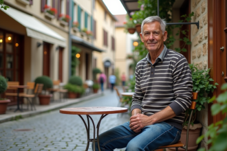 Homme détendu dans un café de village en France
