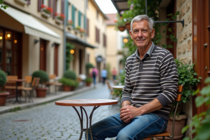 Homme détendu dans un café de village en France