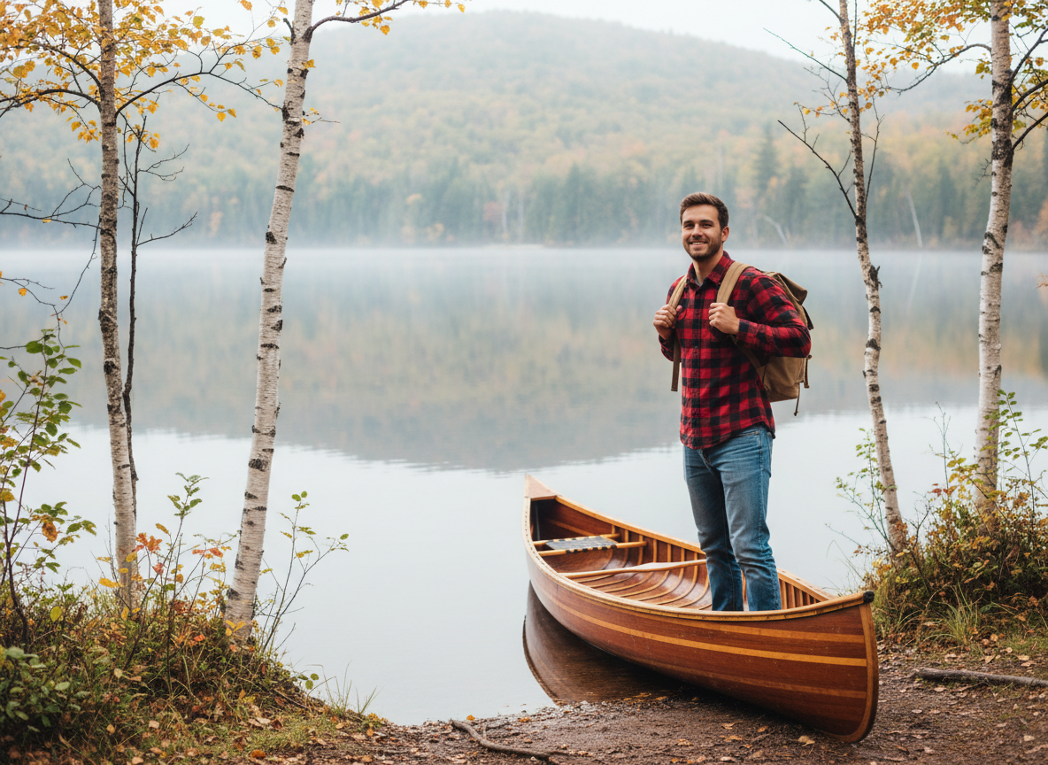 Jeune homme avec un canoë sur un lac brumeux au Québec