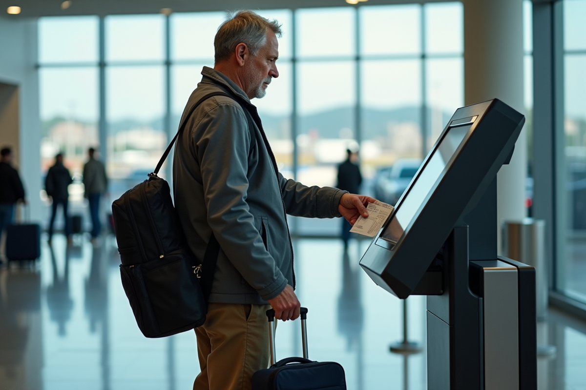 Homme utilisant un kiosque d