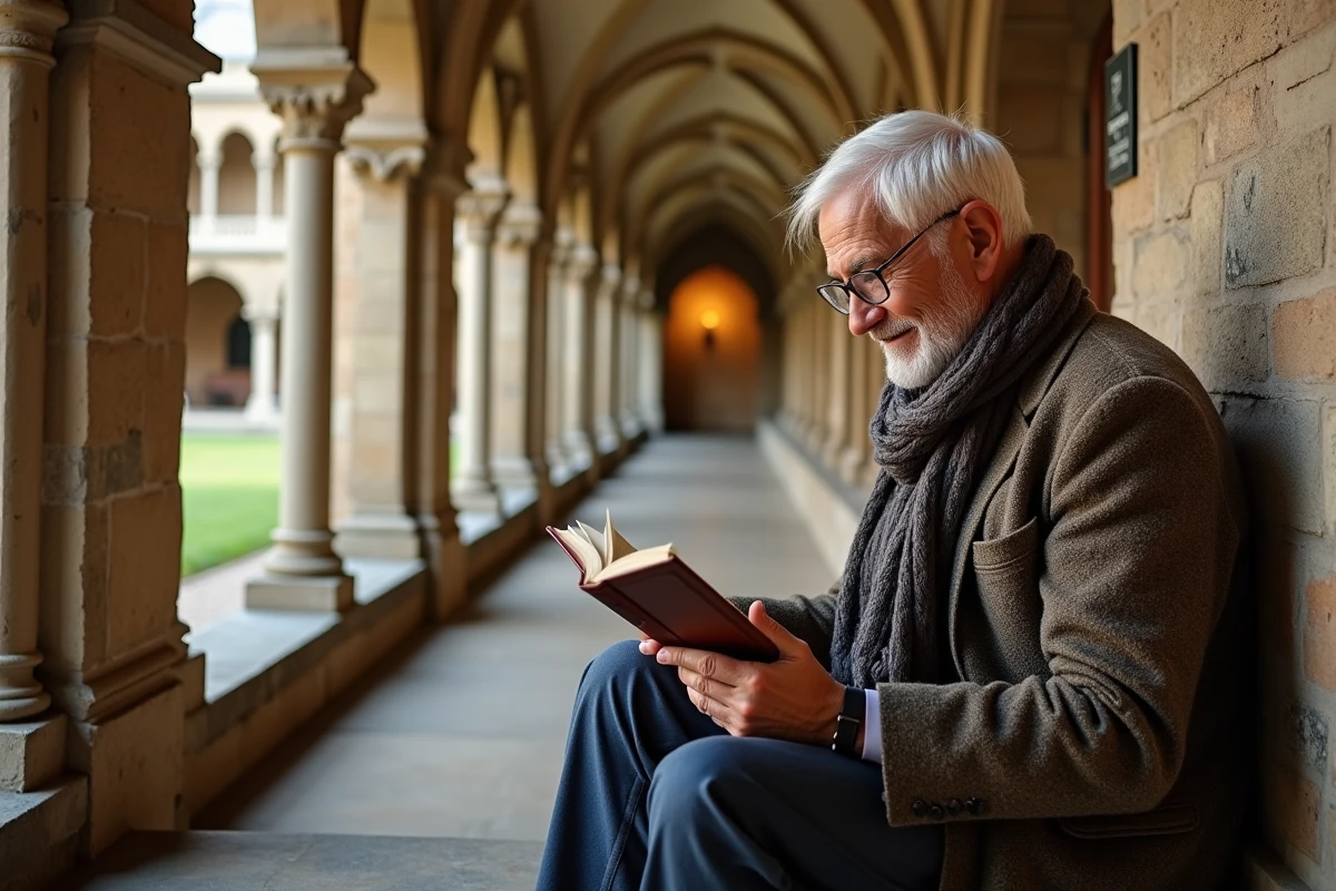 Homme âgé lisant un guide dans un cloître lyonnais