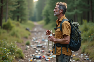 Homme déçu regardant un pré pollué avec déchets