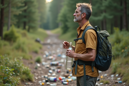 Homme déçu regardant un pré pollué avec déchets