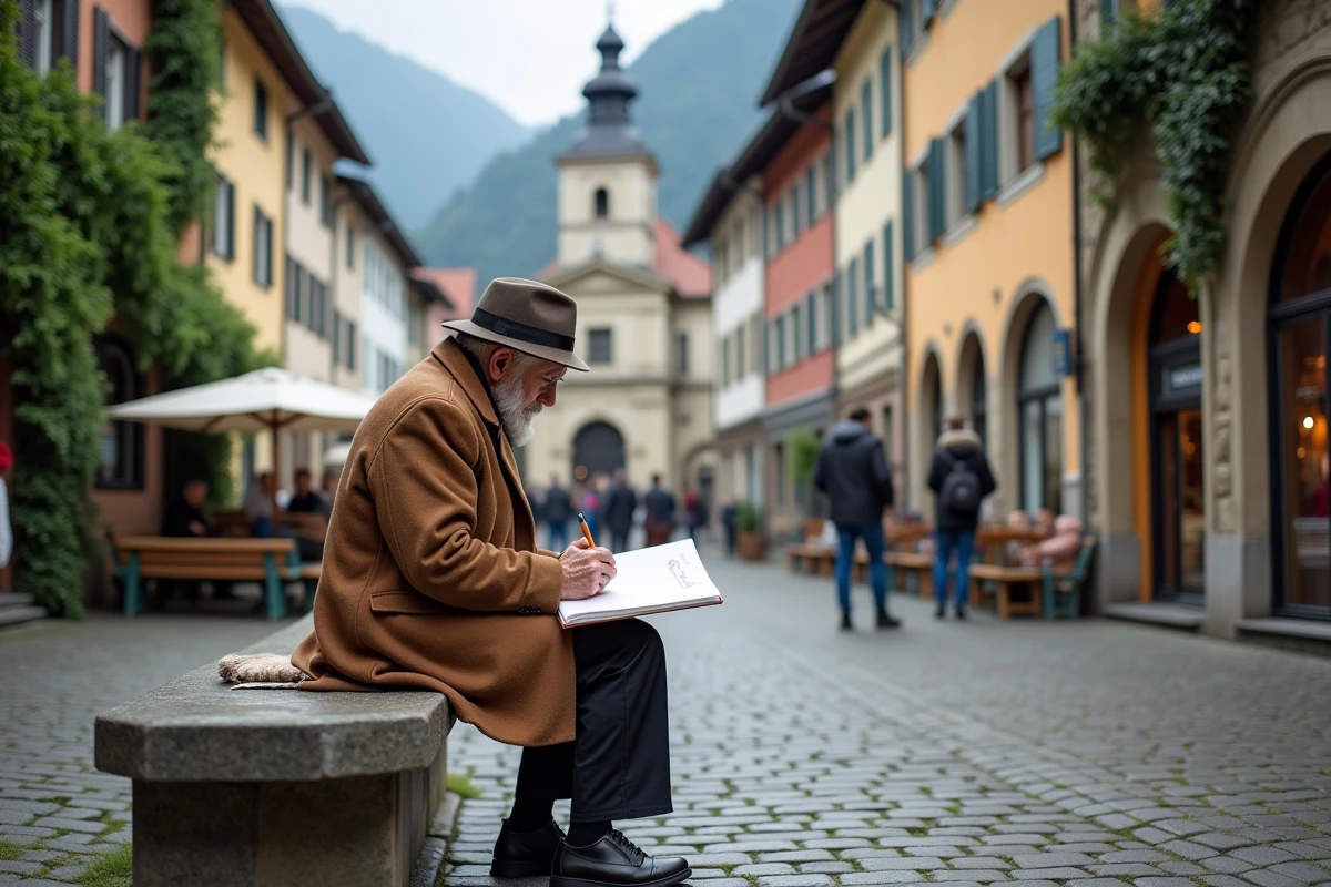 Homme âgé dessinant l’église de Hallstatt sur un banc