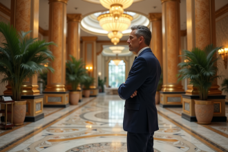 Homme d'âge moyen en costume dans un hall luxueux
