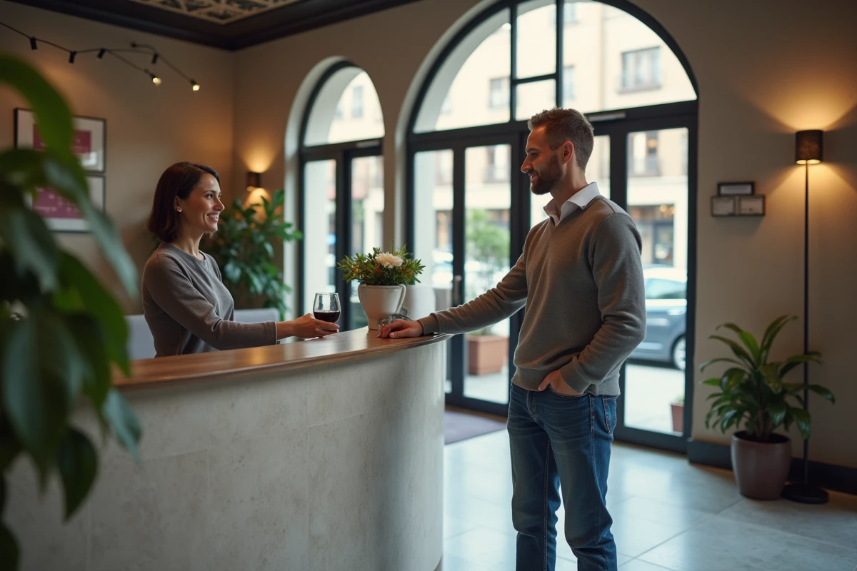 Homme check-in à la réception d’un hôtel moderne