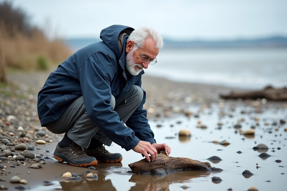 Homme âgé observe le bois flotté sur la plage de Pennedepie