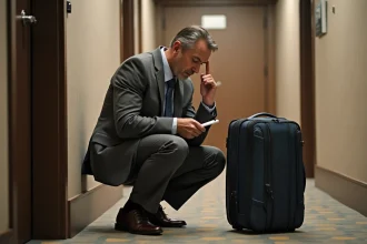 Homme d'affaires vérifiant son code dans un couloir d'hôtel