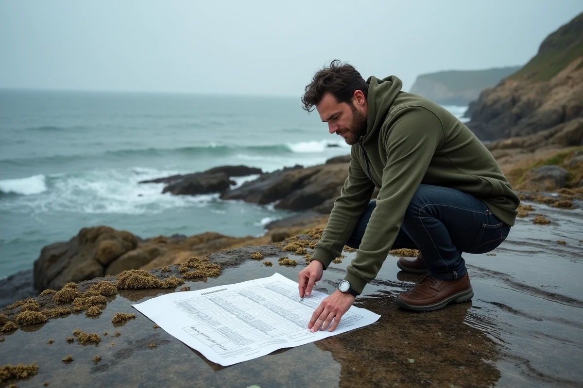 Homme analysant un horaire des marées sur les rochers côtiers de Biarritz au bord de l'Atlantique