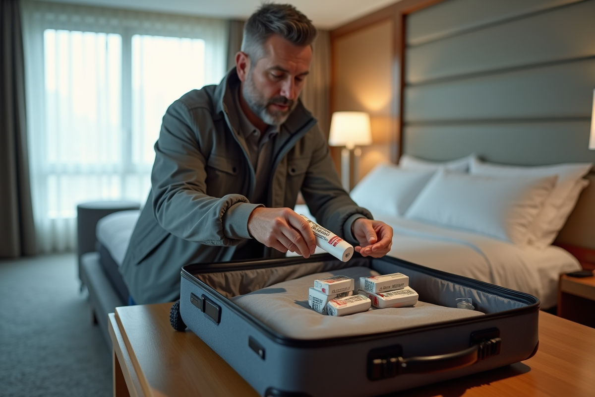 Homme vérifiant dentifrice et comprimés dans sa chambre