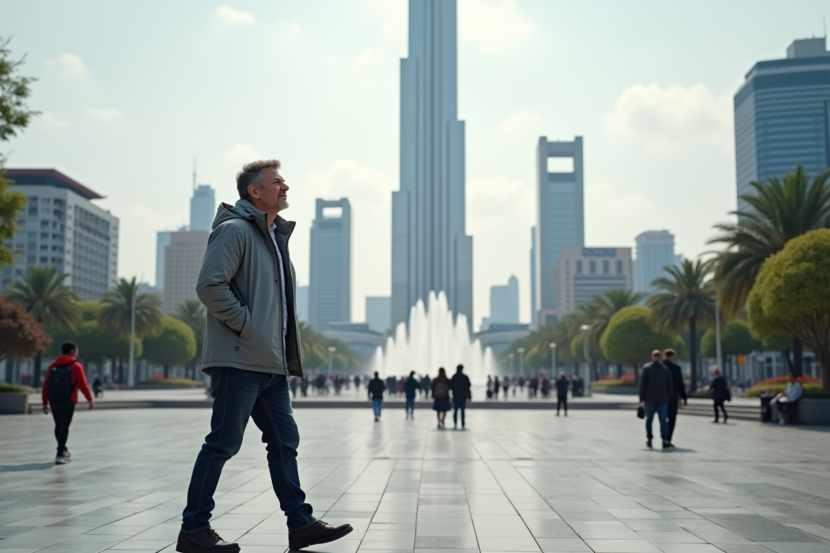 Homme dans la ville regardant la tour emblématique