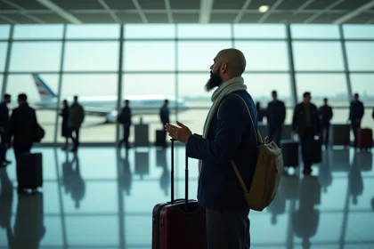 Homme musulman priant à l'aéroport avec valise