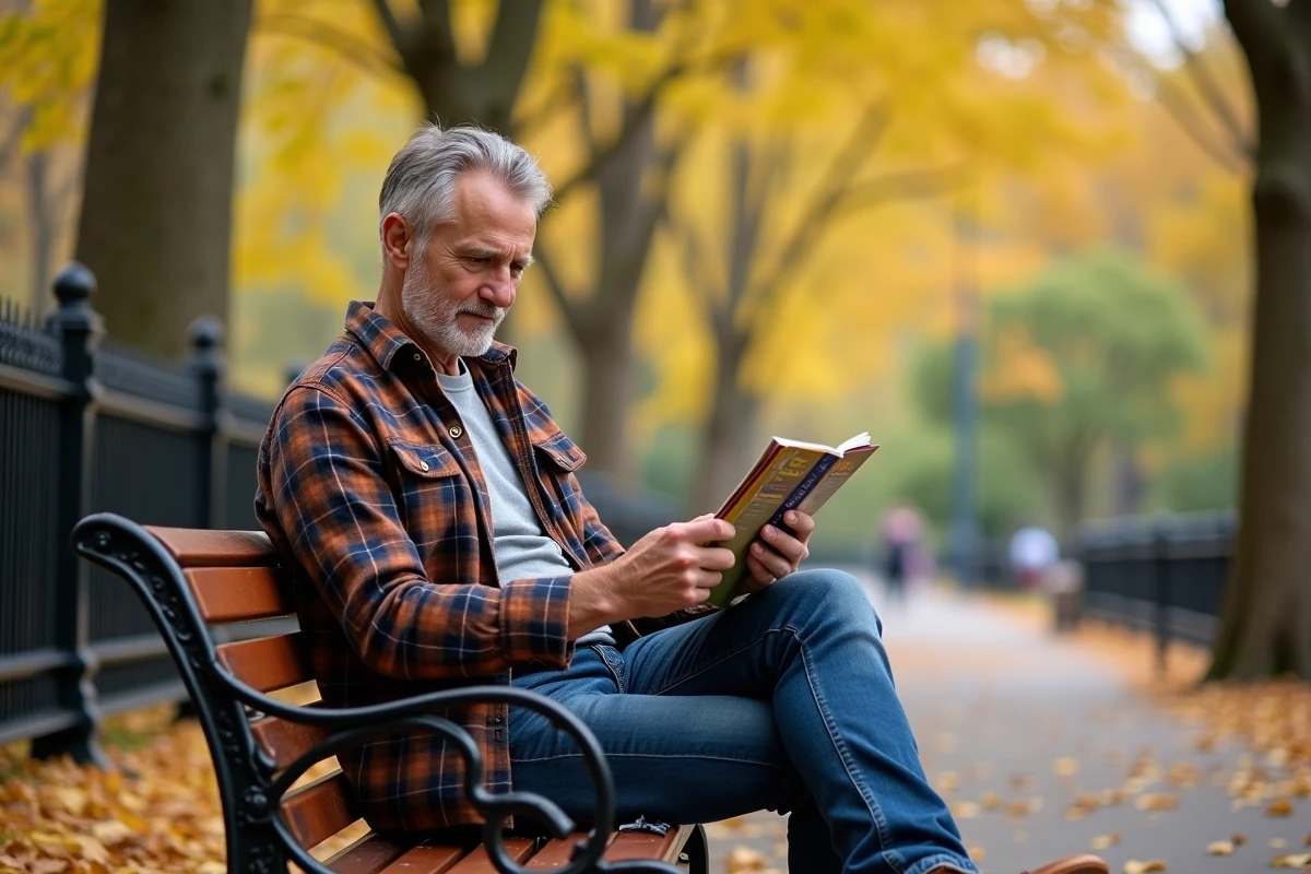 Homme assis dans un parc de New York en automne avec guide