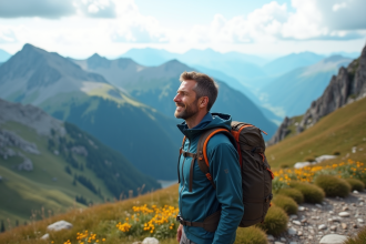 Homme en tenue de randonnée en montagne avec panorama