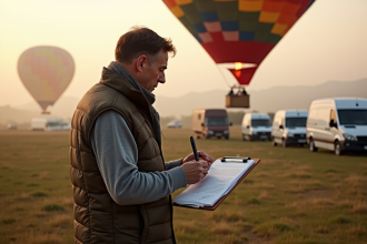 Homme signant un document près d'un ballon dans un champ au lever du soleil