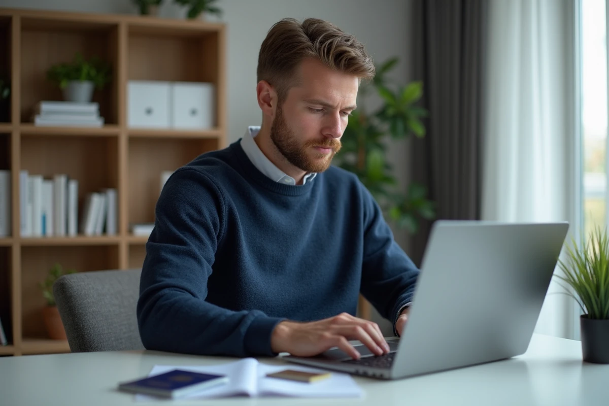 Homme souscrivant à une assurance voyage MisterFly Club en ligne depuis son bureau à domicile avec passeport et carte bancaire