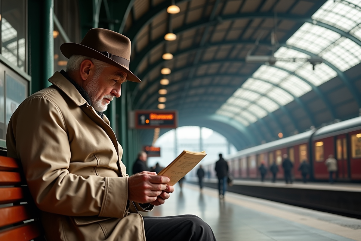 Homme âgé lisant schedule à Gare du Nord