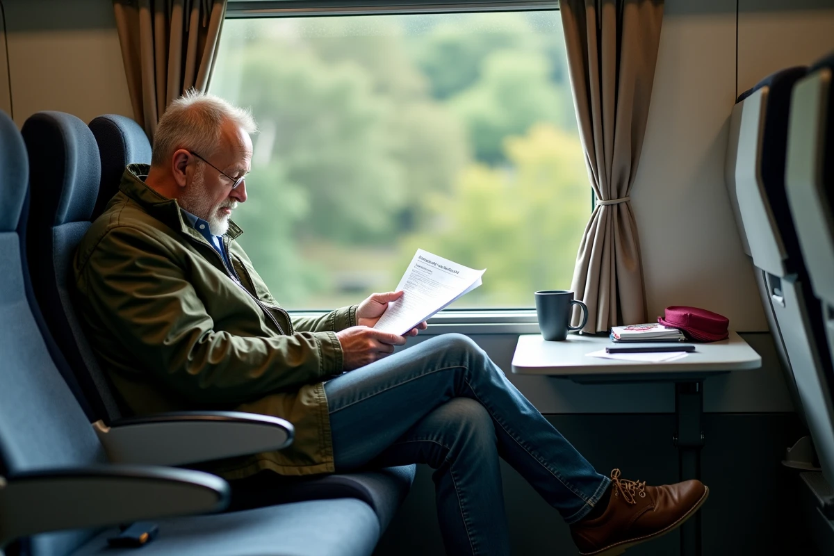 Homme en train regardant son itinéraire dans le train