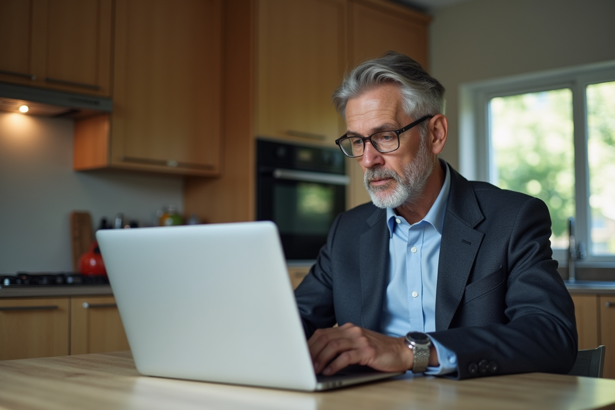 Homme au travail à la maison sur son ordinateur portable