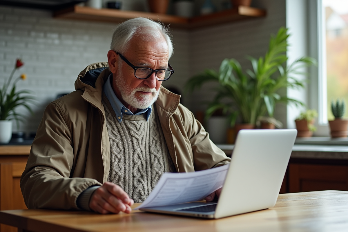 Homme âgé étudiant son assurance voyage à la maison