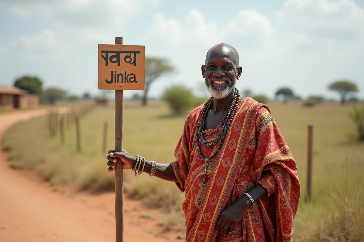 Homme africain traditionnel près du panneau Jinka