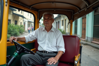 Homme d'Asie du Sud-Est dans un tuk tuk vintage en ville