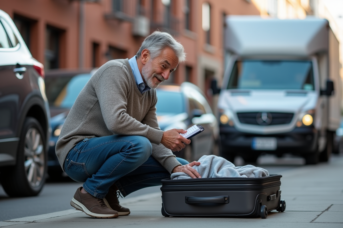 Homme vérifiant sa valise sur le trottoir en ville