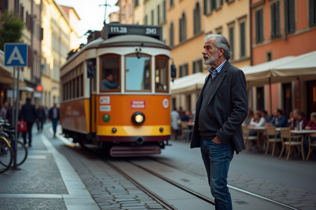 Homme en blazer près d’un tram dans le quartier Navigli