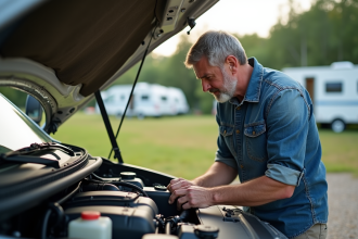Homme d'âge moyen examinant un moteur de camping-car