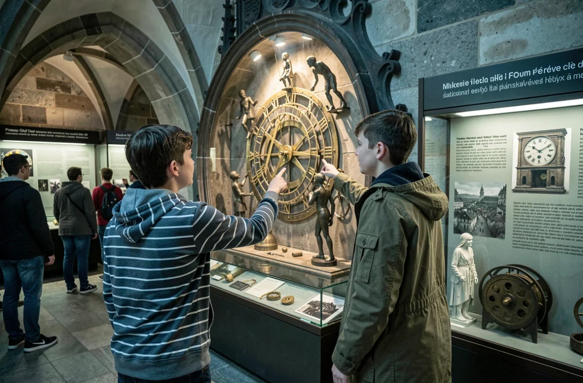 Deux adolescents admirant l'horloge astronomique médiévale à l'intérieur de l'Hôtel de Ville de Prague